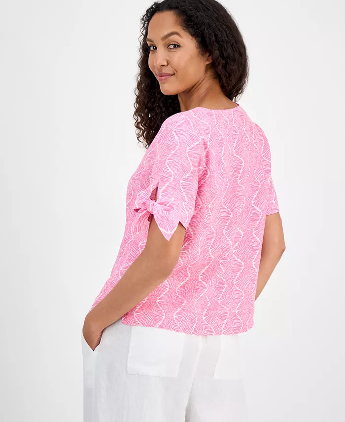 Alfani Charter Club Women's 100% Linen Printed Tie-Cuff Blouse Exclusively At Macy's Women's Fashion Shoes & Accessories