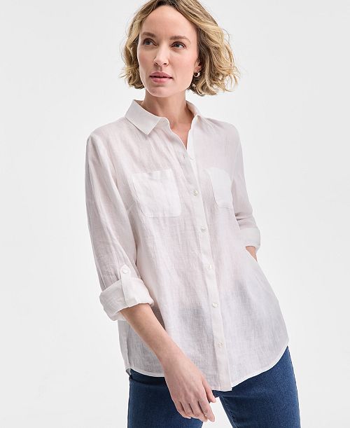 alfani Charter Club Women's 100% Linen Shirt Created for Macy's Women's Fashion Shoes & Accessories