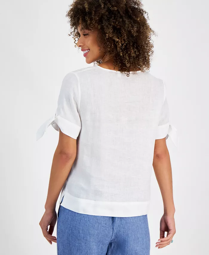 Alfani Charter Club Women's 100% Linen Split-Neck Tie-Cuff Top Created For Macy's Women's Fashion Shoes & Accessories