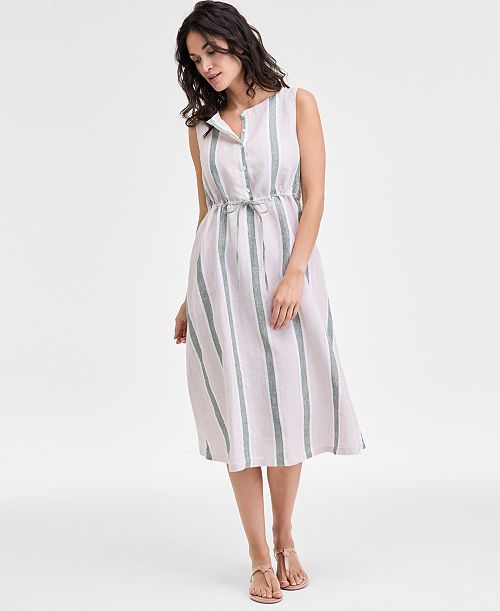 alfani Charter Club Women's 100% Linen Striped Midi Dress Exclusively at Macy's Women's Fashion Shoes & Accessories