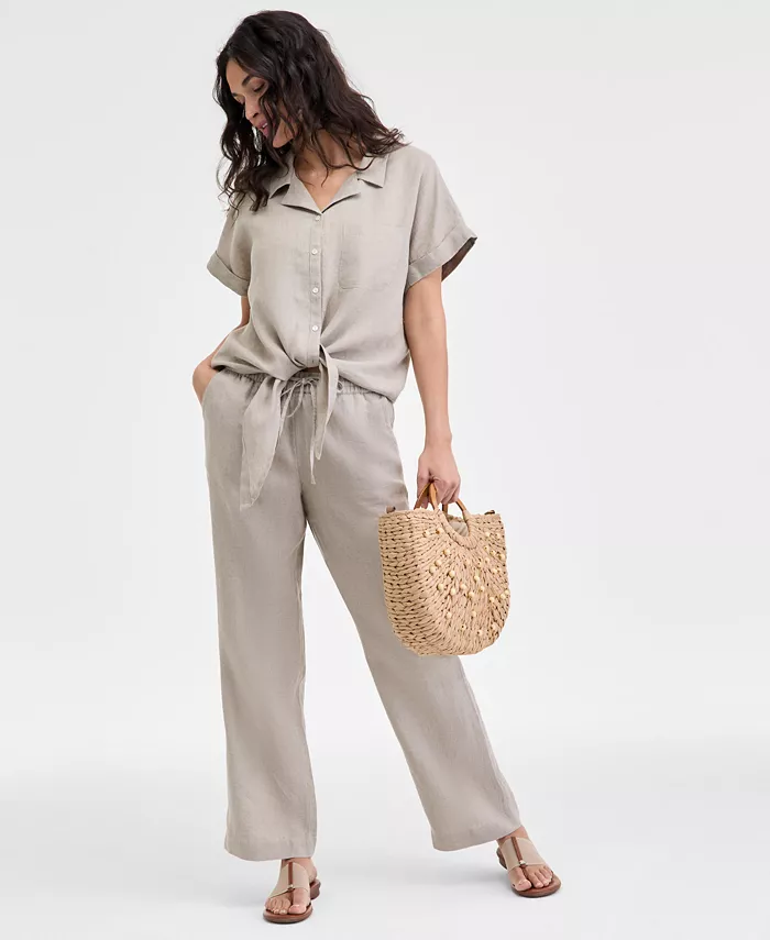 Alfani Charter Club Women's 100% Linen Tie-Front Shirt Created For Macy's Women's Fashion Shoes & Accessories