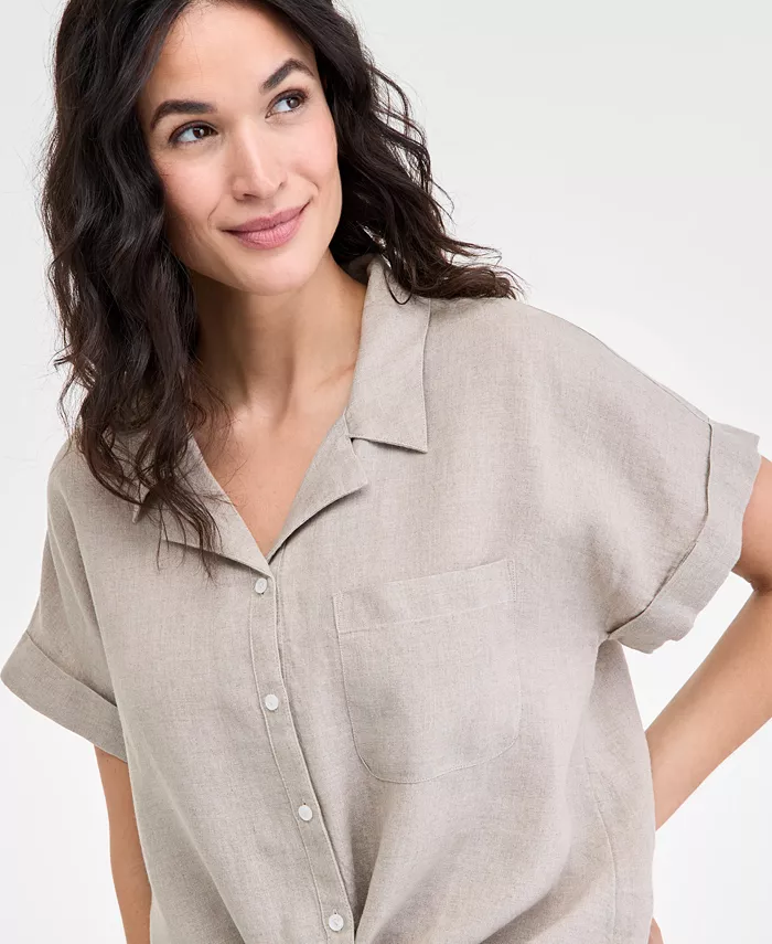 Alfani Charter Club Women's 100% Linen Tie-Front Shirt Created For Macy's Women's Fashion Shoes & Accessories