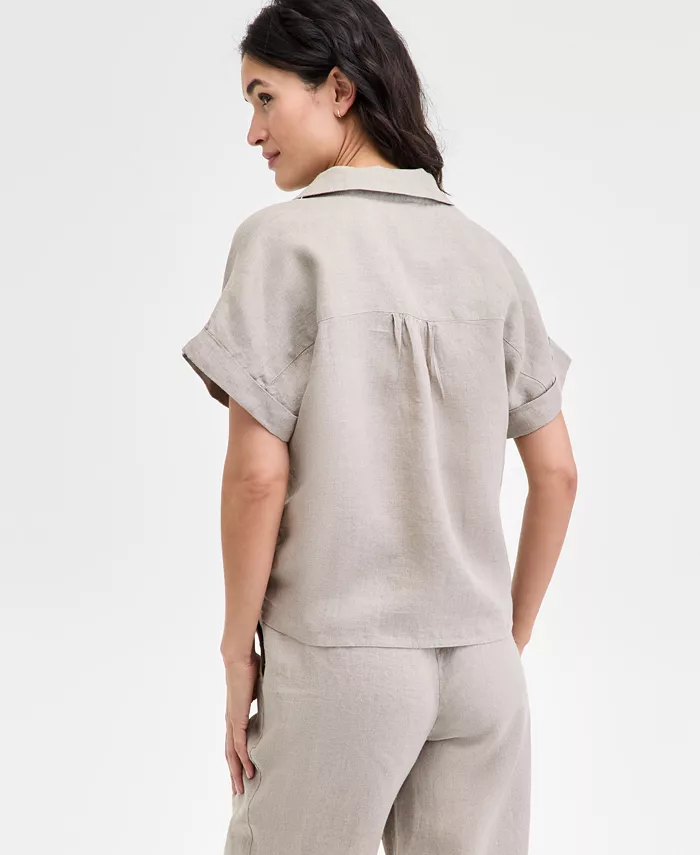 Alfani Charter Club Women's 100% Linen Tie-Front Shirt Created For Macy's Women's Fashion Shoes & Accessories