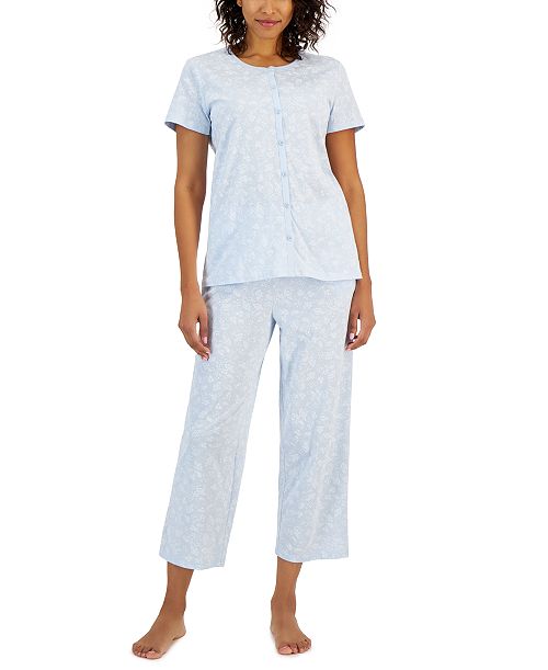 alfani Charter Club Women's 2-Pc. Cotton Printed Cropped Pajamas Set Created for Macy's Women's Fashion Shoes & Accessories