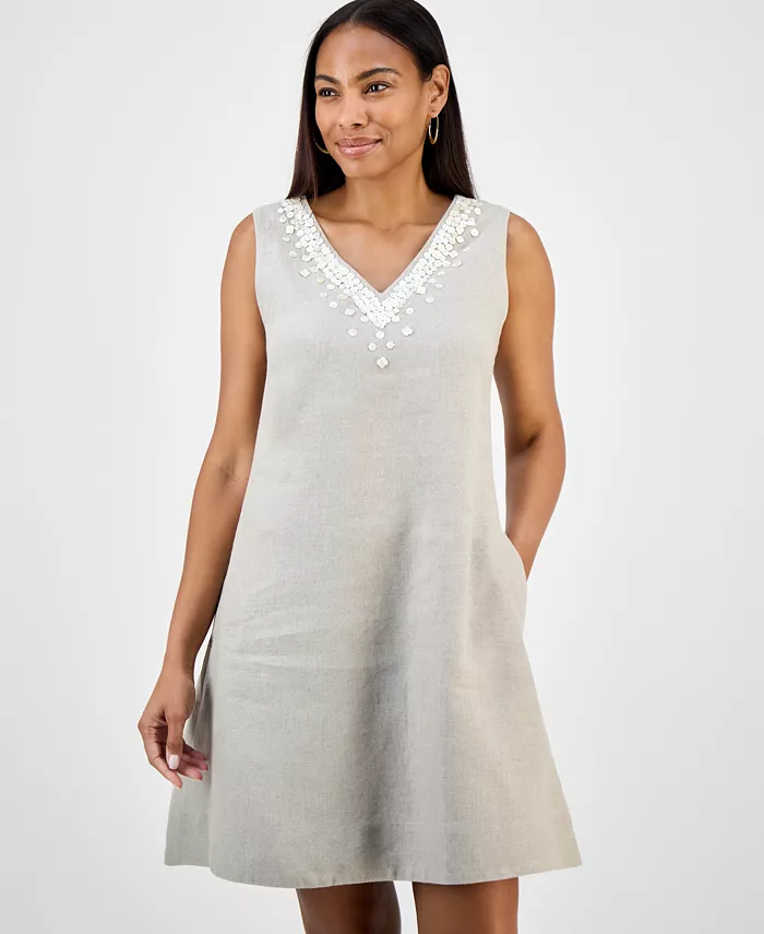 Alfani Charter Club Women's Embellished 100% Linen Mini Dress Exclusively At Macy's Women's Fashion Shoes & Accessories