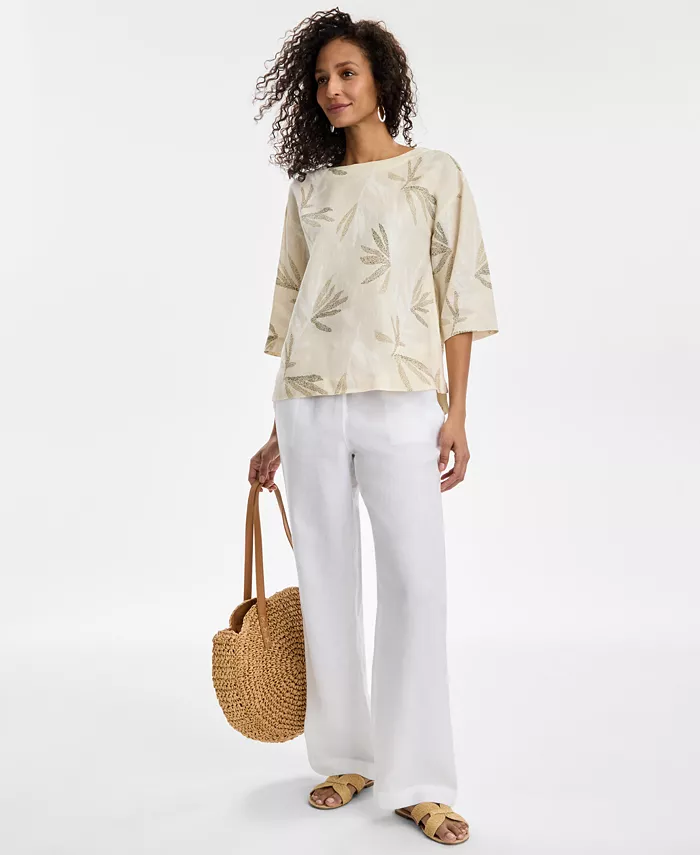 Alfani Charter Club Women's Palm-Print 100% Linen Top & 100% Linen Drawstring Pants Exclusively At Macy's Women's Fashion Shoes & Accessories