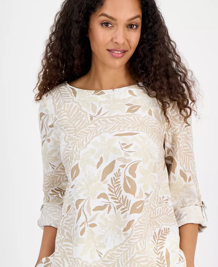 Alfani Charter Club Women's Printed 100% Linen Top Exclusively At Macy's Women's Fashion Shoes & Accessories