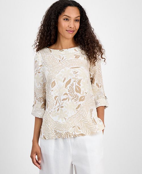 alfani Charter Club Women's Printed 100% Linen Top Exclusively at Macy's Women's Fashion Shoes & Accessories