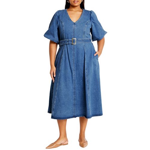 alfani CITY CHIC Plus Size Denim Delilah Midi Dress Women's Fashion Shoes & Accessories