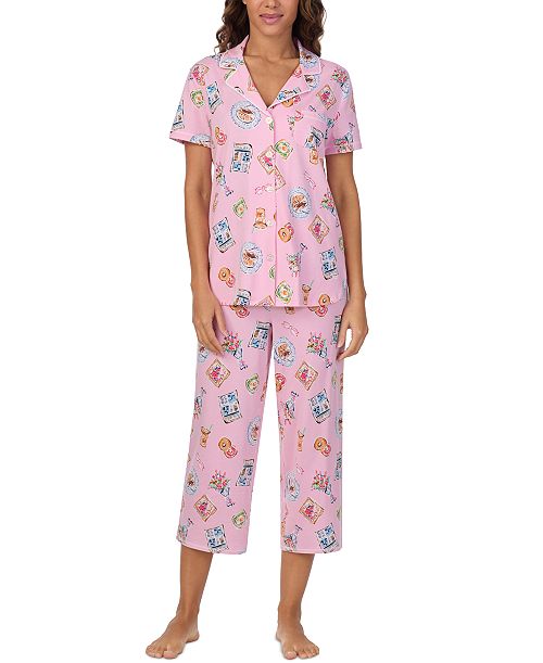 alfani Cuddl Duds Women's Printed Collared Cropped Pajama Set Women's Fashion Shoes & Accessories
