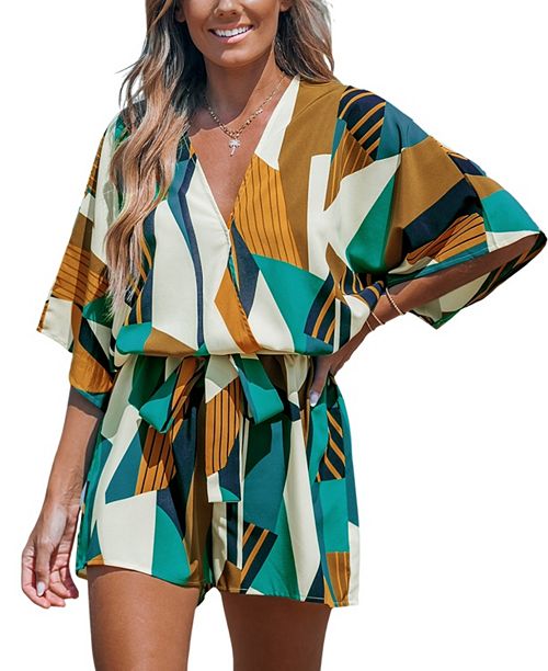 alfani Cupshe Women's Abstract Geo Dolman Straight Leg Romper Women's Fashion Shoes & Accessories