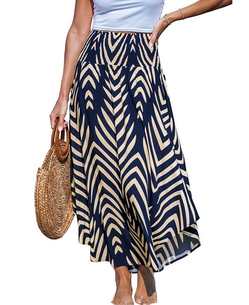 alfani Cupshe Women's Abstract Smocked Waist Midi Skirt Women's Fashion Shoes & Accessories