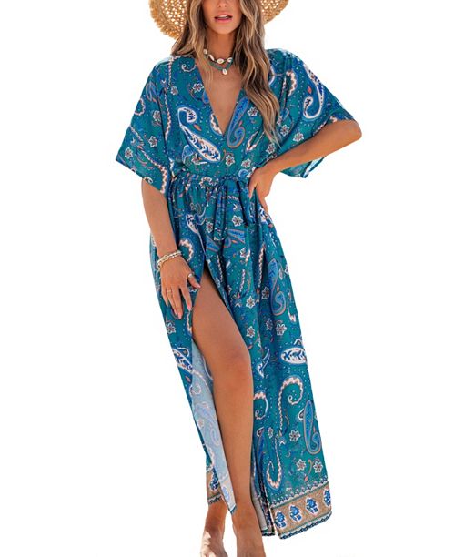 alfani Cupshe Women's Beach Goddess Paisley Cover-Up Maxi Beach Dress Women's Fashion Shoes & Accessories