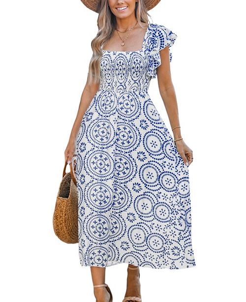 alfani Cupshe Women's Blue Ornate Square Neck Midi Beach Dress Women's Fashion Shoes & Accessories