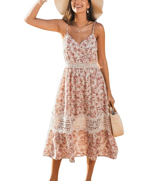 alfani Cupshe Women's Blushing Bouquet Floral Midi Beach Dress Women's Fashion Shoes & Accessories