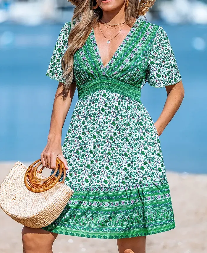 Alfani Cupshe Women's Bohemian Breeze Paisley Mini Beach Dress Women's Fashion Shoes & Accessories