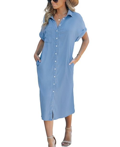 alfani Cupshe Women's Denim Short Sleeve Button Down Cover Up Dress Women's Fashion Shoes & Accessories
