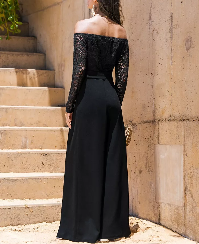 Alfani Cupshe Women's Elegant Lace Off-Shoulder Wide-Leg Jumpsuit Women's Fashion Shoes & Accessories