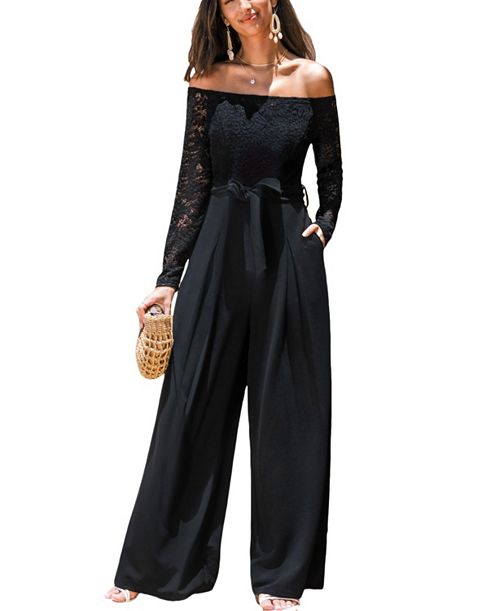 alfani Cupshe Women's Elegant Lace Off-Shoulder Wide-Leg Jumpsuit Women's Fashion Shoes & Accessories