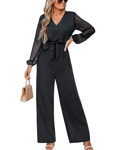 alfani Cupshe Women's Elegant Sheer-Sleeve Belted Jumpsuit Women's Fashion Shoes & Accessories