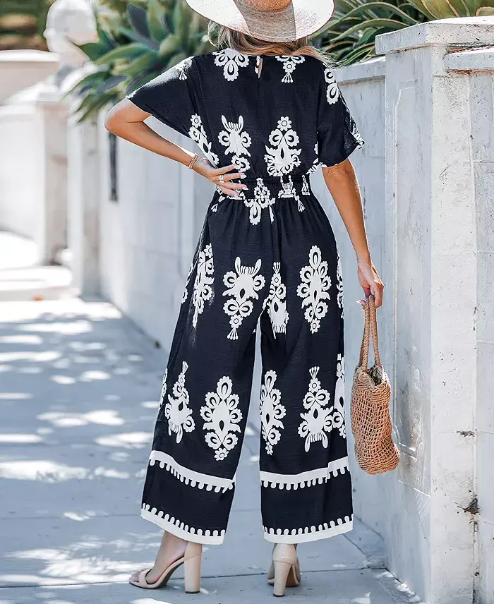 Alfani Cupshe Women's Navy Smocked Waist Wide Leg Jumpsuit Women's Fashion Shoes & Accessories