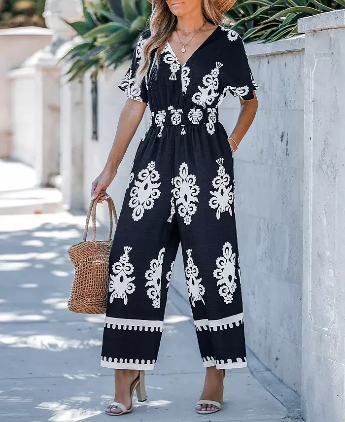 Alfani Cupshe Women's Navy Smocked Waist Wide Leg Jumpsuit Women's Fashion Shoes & Accessories