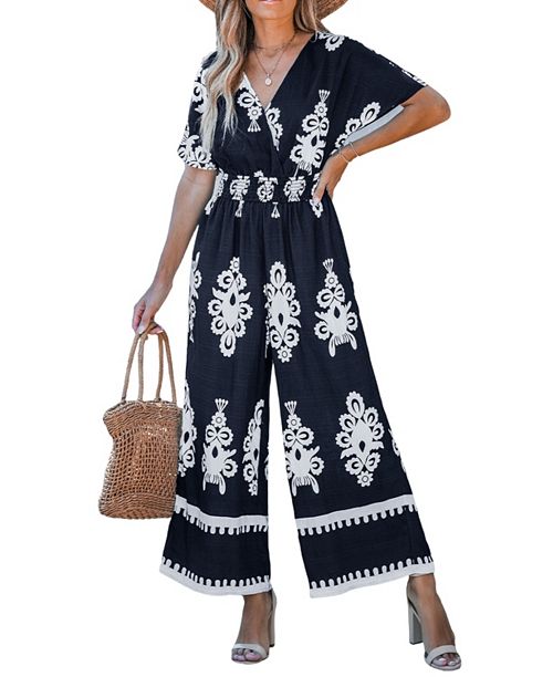 alfani Cupshe Women's Navy Smocked Waist Wide Leg Jumpsuit Women's Fashion Shoes & Accessories