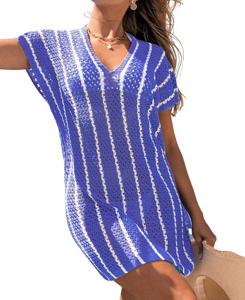 alfani Cupshe Women's Ocean Wave Striped Knit Cover-Up Beach Dress Women's Fashion Shoes & Accessories