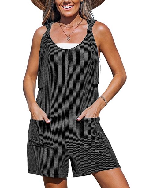 alfani Cupshe Women's Ribbed Knotted Strap Straight Leg Romper Women's Fashion Shoes & Accessories