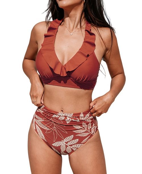 alfani Cupshe Women's Ruffled Halter Bikini Top & Tropical Bottoms Set Women's Fashion Shoes & Accessories