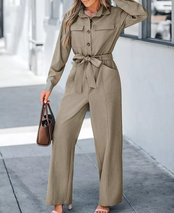 Alfani Cupshe Women's V Neck Button-Up Front Tie Waist Jumpsuit Created For Macy's Women's Fashion Shoes & Accessories
