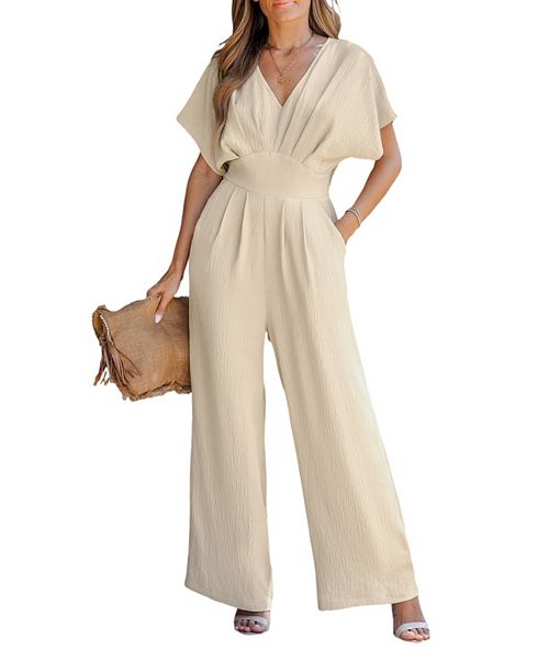 alfani Cupshe Women's V-Neck Short Sleeve Straight Leg Jumpsuit Women's Fashion Shoes & Accessories