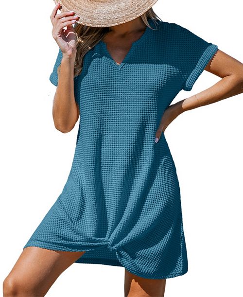 alfani Cupshe Women's Waffle Knit Short Sleeve Hem Twist Mini Cover-Up Women's Fashion Shoes & Accessories