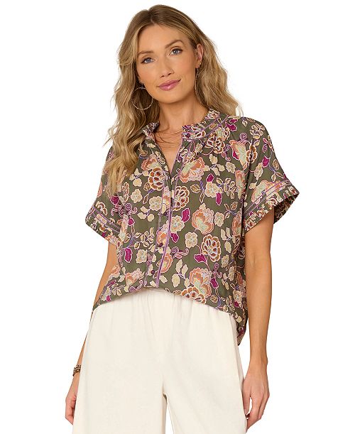 alfani Democracy Petite Printed Pleated Blouse Women's Fashion Shoes & Accessories