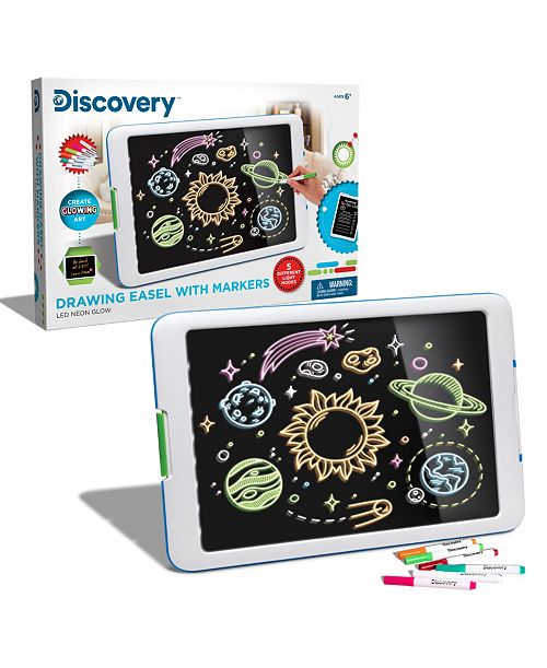 alfani Discovery Kids Inspire your young artist with the Discovery Kids Neon Glow Drawing Easel This glow-in-the-dark device will wow kids with its LED lights colorful gel glow markers and dazzling light-up modes Discovery Neon