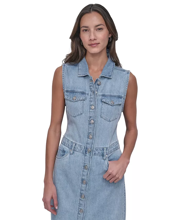 Alfani DKNY Jeans Women's Button-Front Sleeveless Midi Denim Dress Women's Fashion Shoes & Accessories