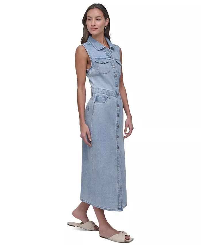 Alfani DKNY Jeans Women's Button-Front Sleeveless Midi Denim Dress Women's Fashion Shoes & Accessories