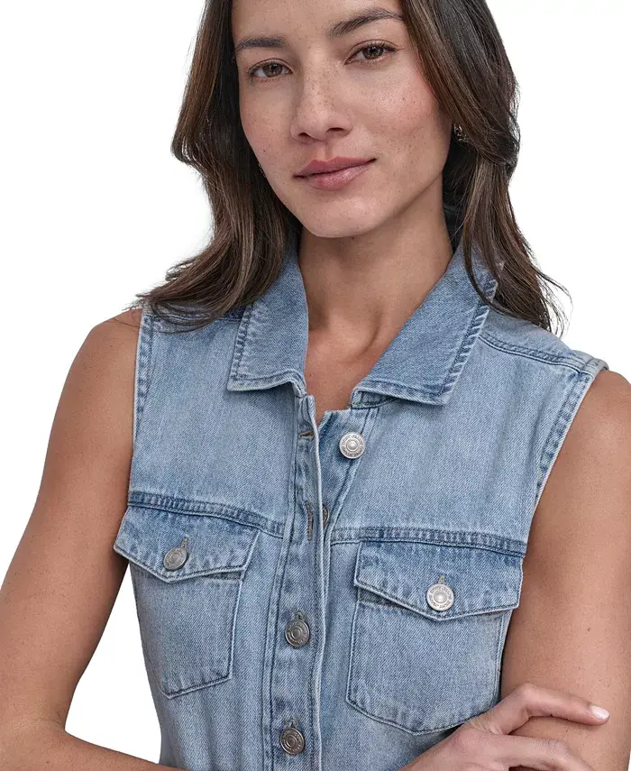 Alfani DKNY Jeans Women's Button-Front Sleeveless Midi Denim Dress Women's Fashion Shoes & Accessories