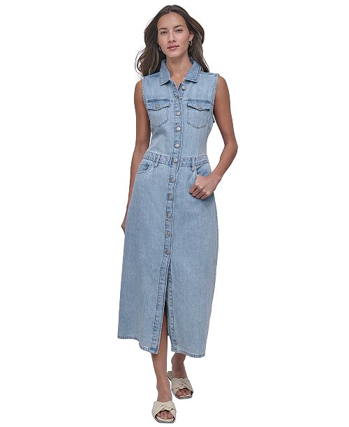 alfani DKNY Jeans Women's Button-Front Sleeveless Midi Denim Dress Women's Fashion Shoes & Accessories