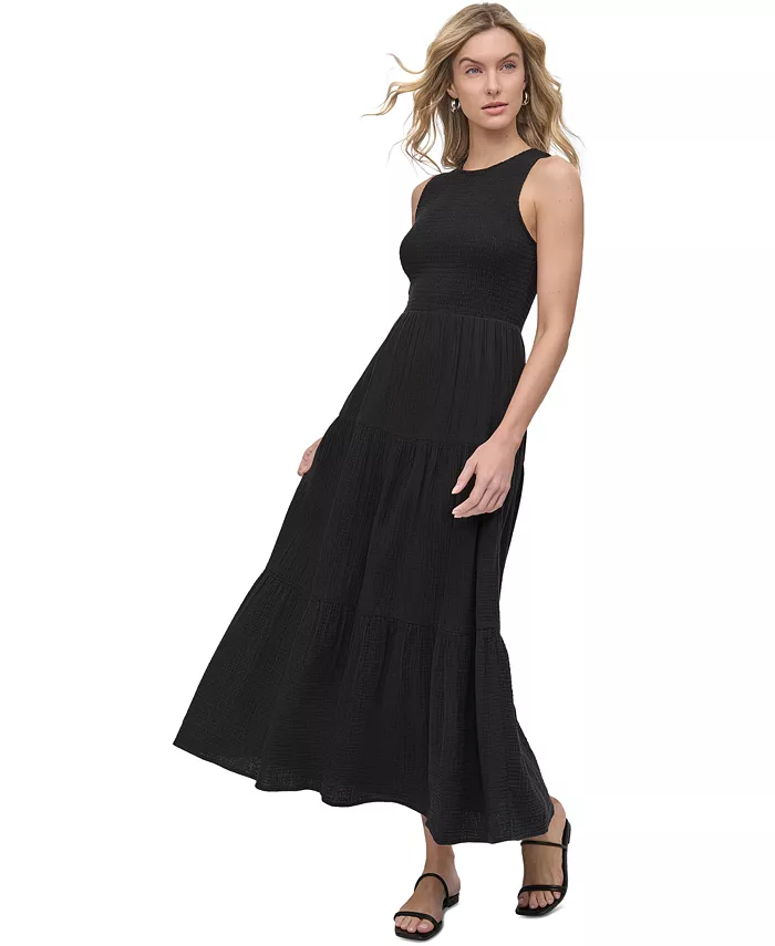 Alfani DKNY Jeans Women's Cotton Gauze Smocked-Bodice Maxi Dress Women's Fashion Shoes & Accessories