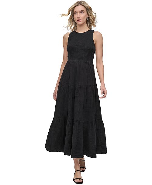 alfani DKNY Jeans Women's Cotton Gauze Smocked-Bodice Maxi Dress Women's Fashion Shoes & Accessories