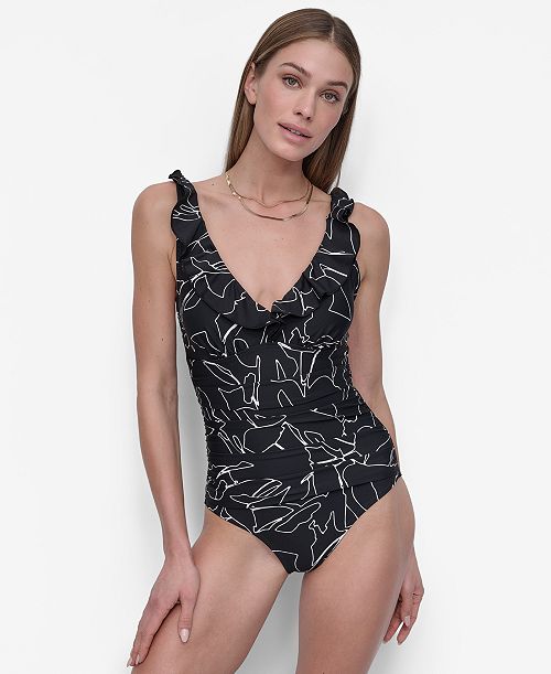 alfani DKNY Ruffle Plunge Underwire Tummy Control One-Piece Swimsuit Created for Macy's Women's Fashion Shoes & Accessories