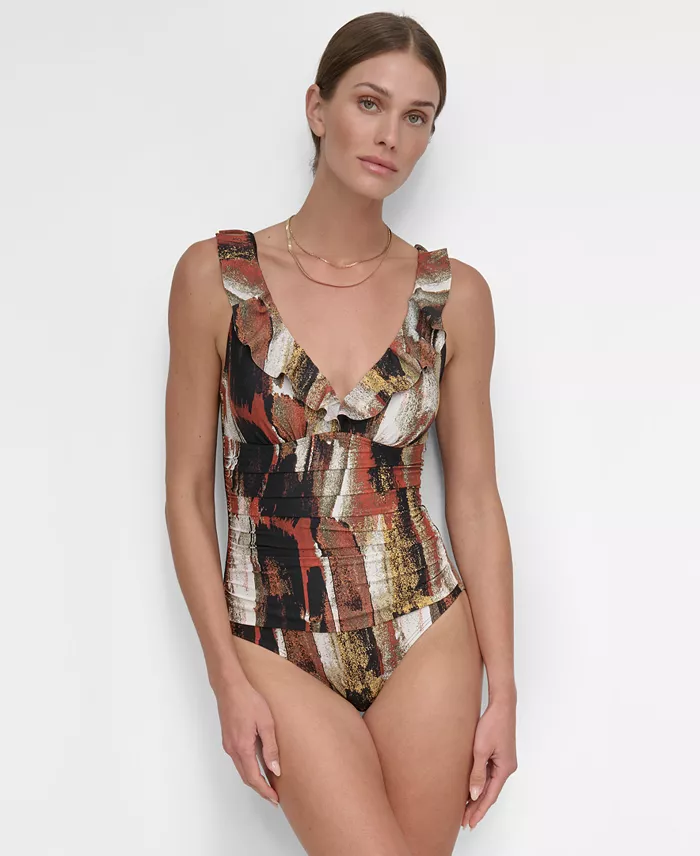 Alfani DKNY Ruffle Plunge Underwire Tummy Control One-Piece Swimsuit Created For Macy's Women's Fashion Shoes & Accessories