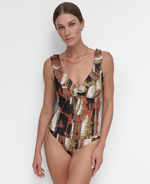 alfani DKNY Ruffle Plunge Underwire Tummy Control One-Piece Swimsuit Created for Macy's Women's Fashion Shoes & Accessories