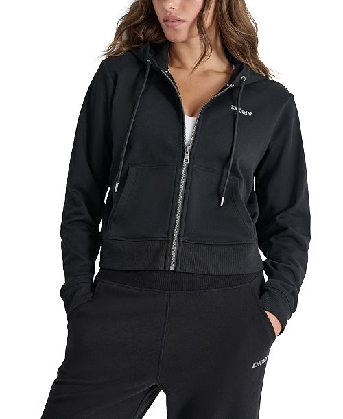 alfani DKNY Sport Women's Cotton-Blend Stud-Logo Full Zip Hoodie Women's Fashion Shoes & Accessories
