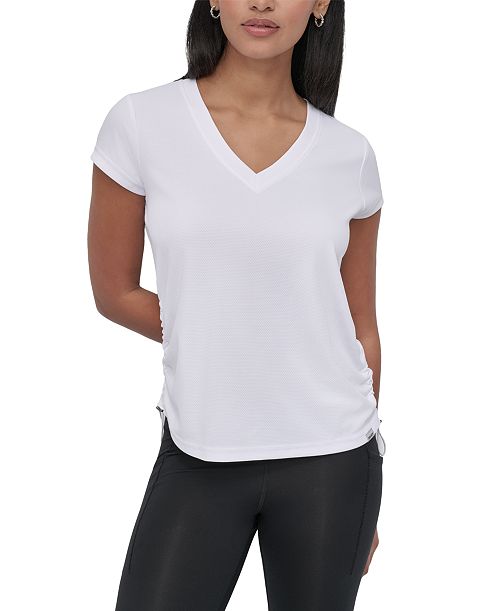 alfani DKNY Sport Women's Crewneck Short-Sleeve Side-Ruched Top Women's Fashion Shoes & Accessories