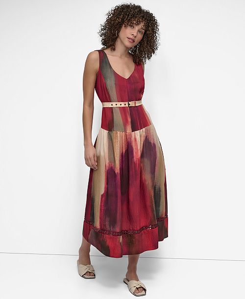 alfani DKNY Women's Abstract-Print Midi Dress Women's Fashion Shoes & Accessories