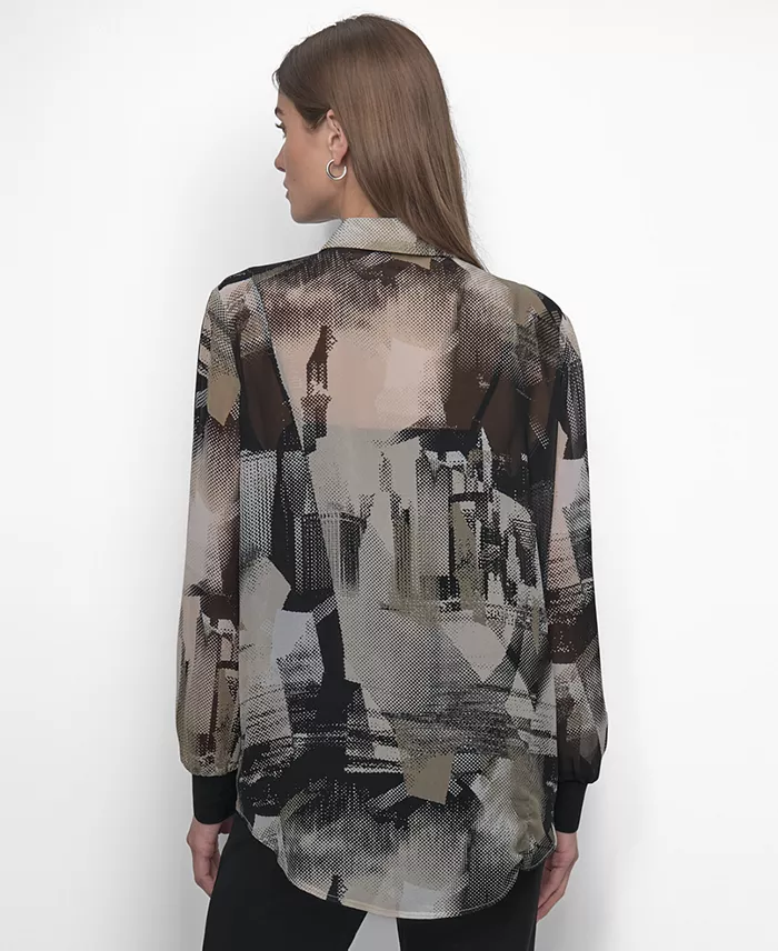 Alfani DKNY Women's Button-Front Printed Chiffon Blouse Women's Fashion Shoes & Accessories