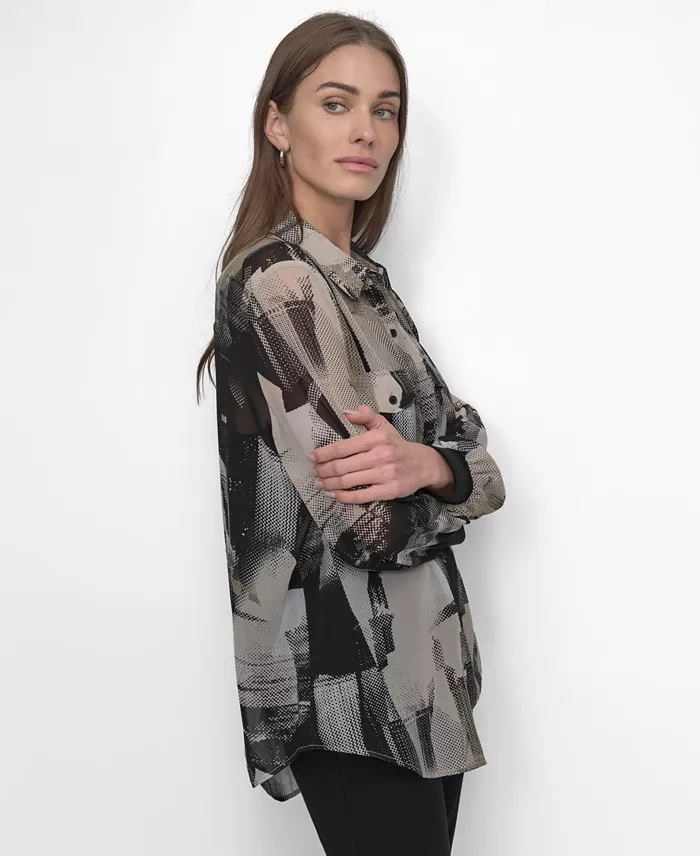 Alfani DKNY Women's Button-Front Printed Chiffon Blouse Women's Fashion Shoes & Accessories