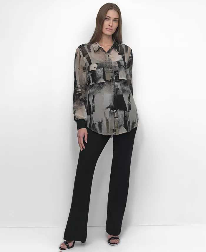 Alfani DKNY Women's Button-Front Printed Chiffon Blouse Women's Fashion Shoes & Accessories